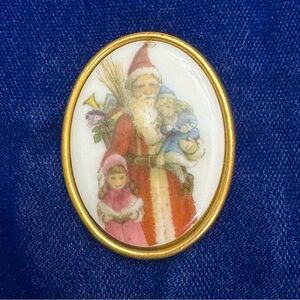 Vintage Oval Porcelain Saint Nicholas Gold Tone Frame Brooch & Kids